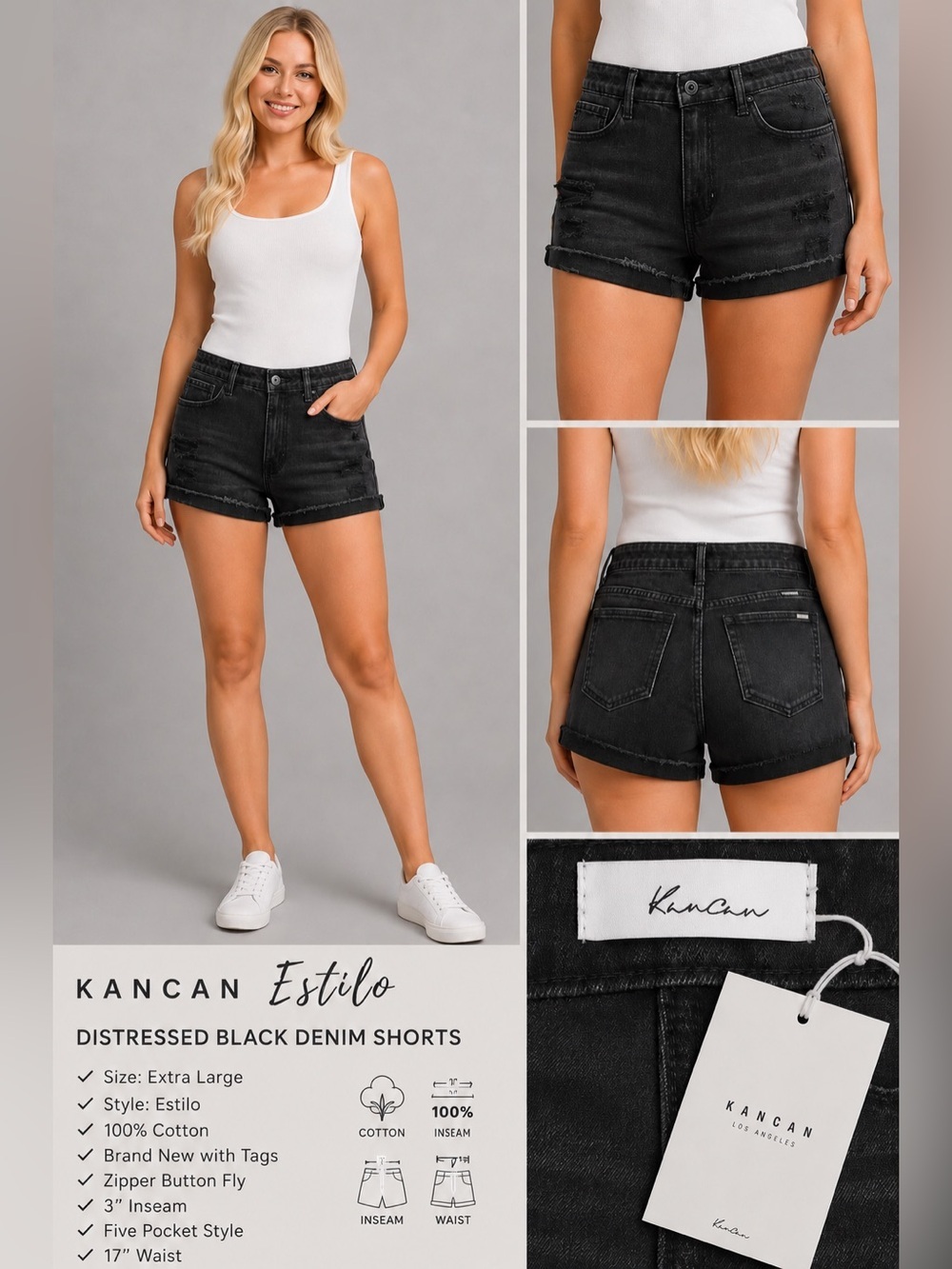 KanCan Estilo Distressed Black Denim Shorts | XL | 100% Cotton | High Rise | NWT
